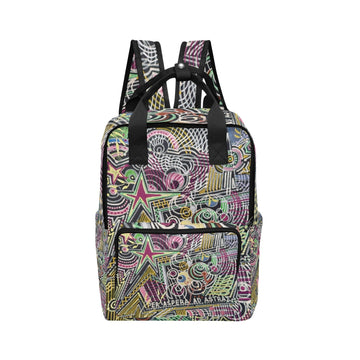 Colorful Per Aspera Multifunction Diaper Bag with twin handles, adjustable padded shoulder straps, front and side pockets, made of durable lightweight nylon