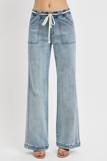 RISEN Full Size plus size light blue straight leg jeans with front pockets and drawstring waist