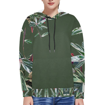 Green Leaves Women's Fleece Hoodie w/ White Lining Hood