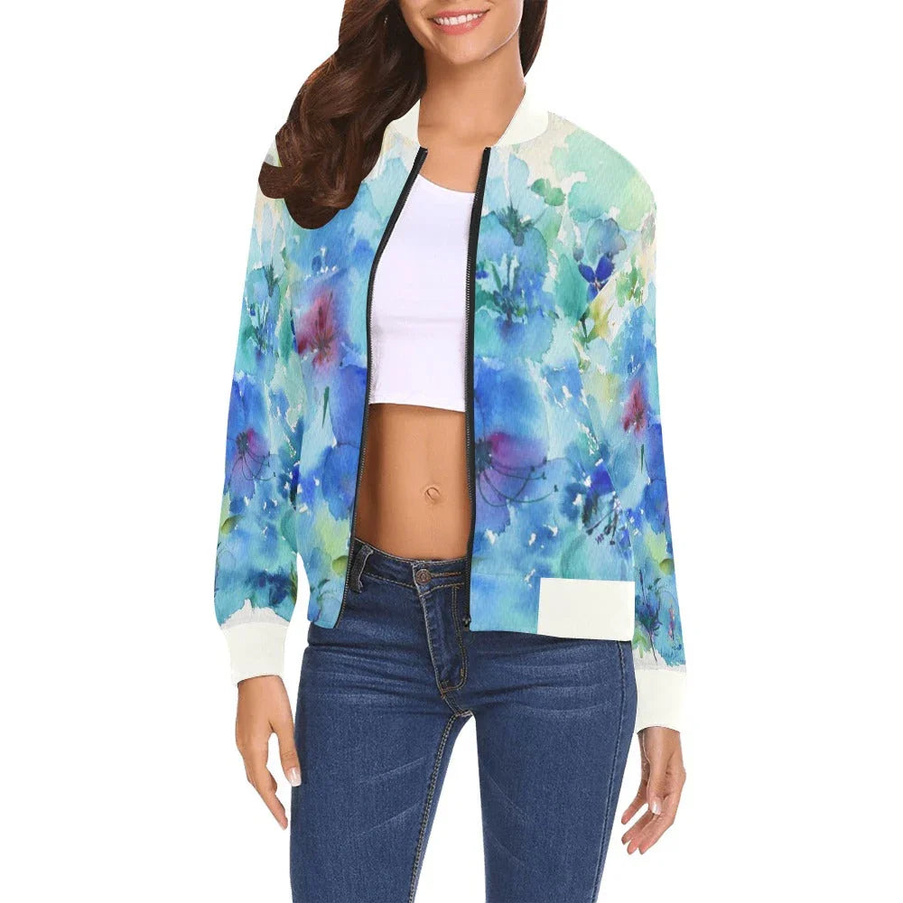 Women’s bomber jacket with blue hibiscus all over print and white ribbed collar and cuffs