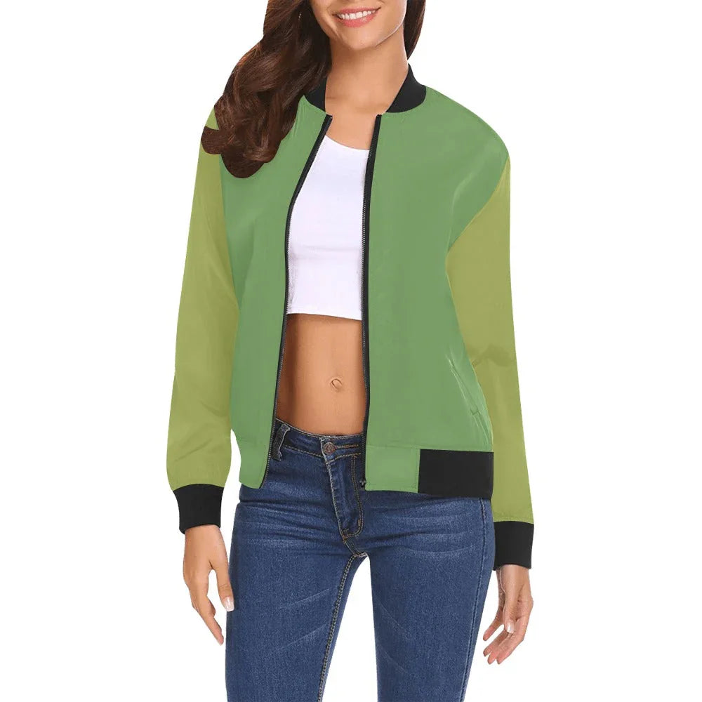 Women’s green sleeves logo bomber jacket with ribbed collar and cuffs, zip-up front, and casual fit.