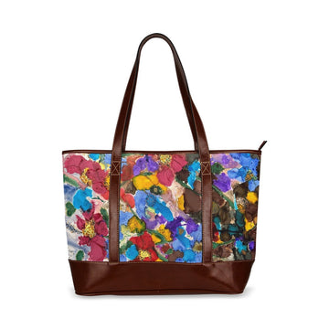 Fall Flowers Tote handbag with colorful floral design, waterproof fabric, and brown faux leather straps.