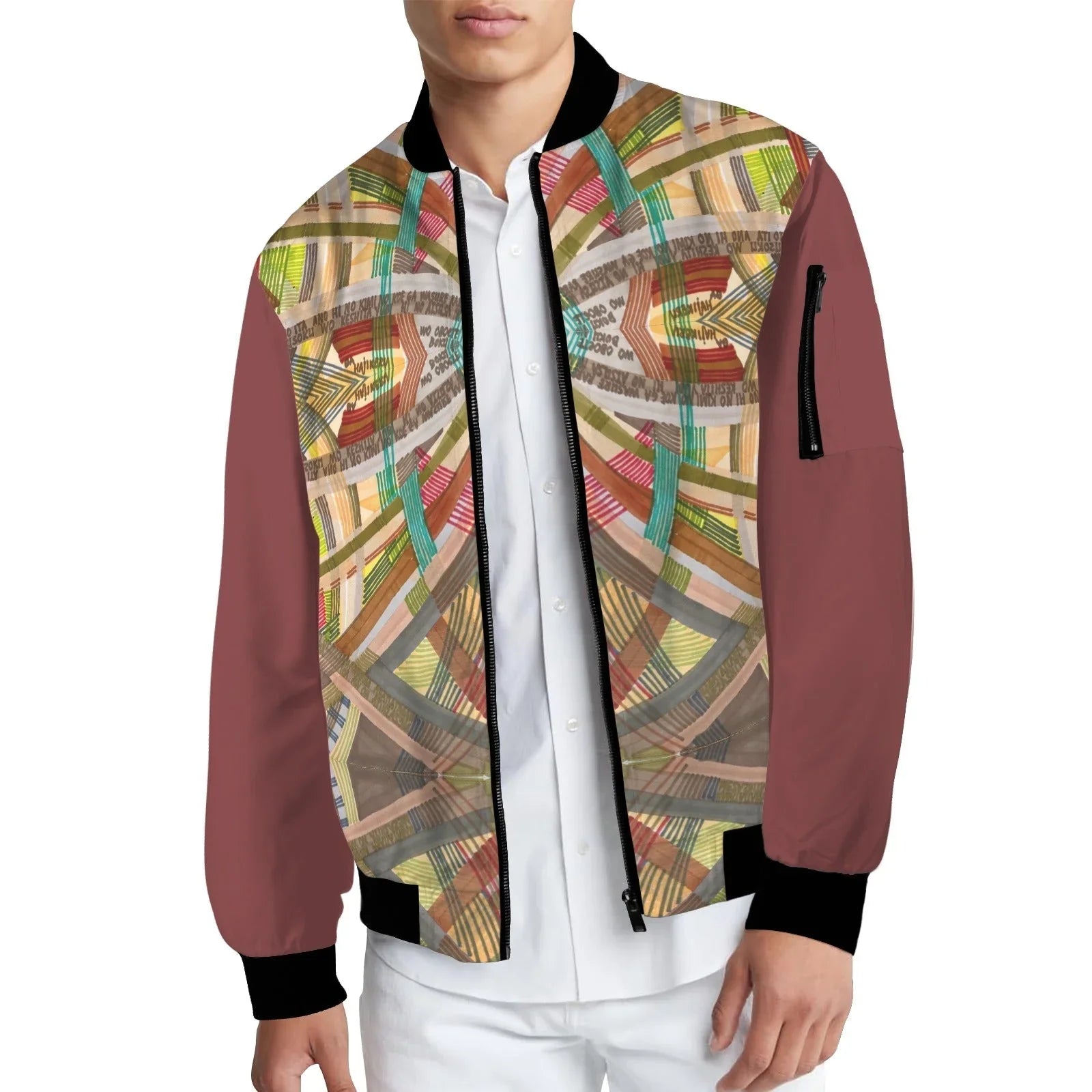 Brown labyrinth burgundy bomber jacket with abstract geometric pattern, ribbed collar and cuffs, zip front, and arm pocket.