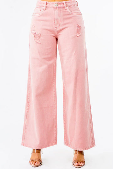 Pink American Bazi high waist distressed wide leg jeans with slight stretch and pocket details