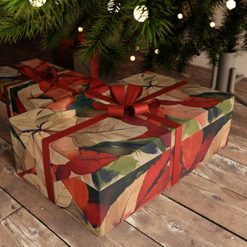 Poinsettia original artwork gift wrapping paper sheet wrapped around a Christmas present with a red ribbon under a decorated tree