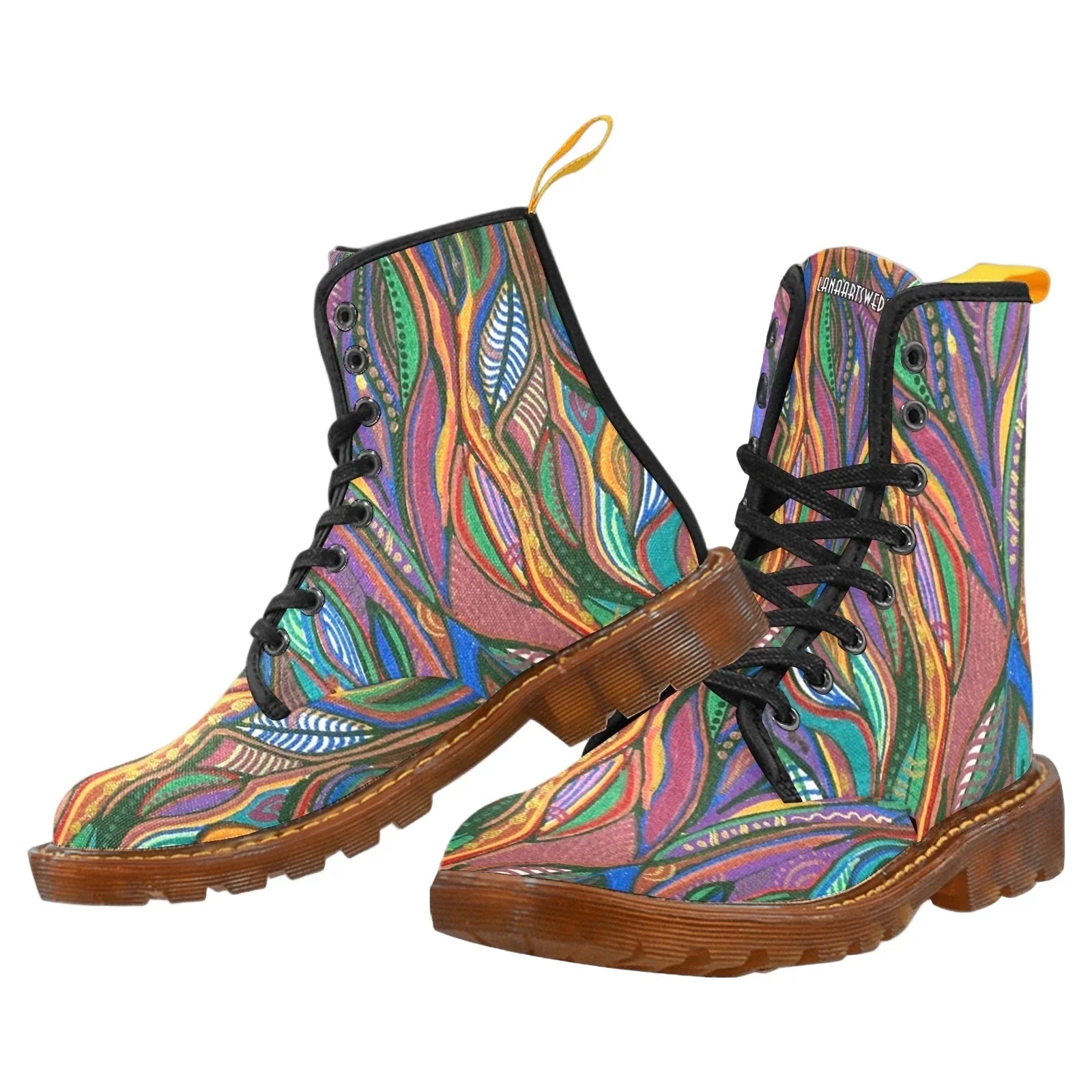 Colorful Lanterna Canvas Combat women's boots with lace-up floral design and translucent raw rubber sole