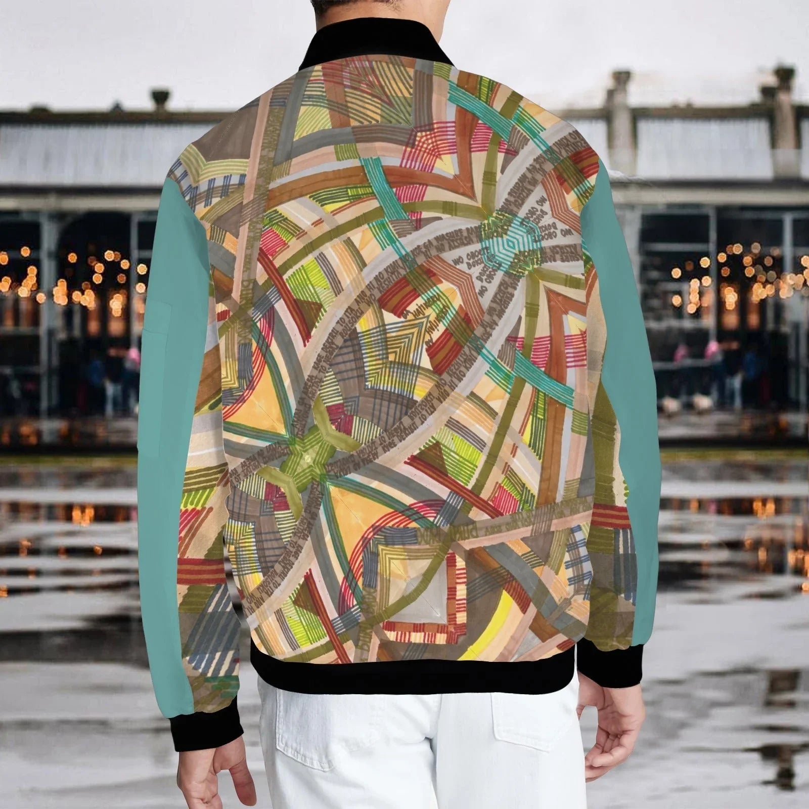 Brown Labyrinth Teal diagonal patterned bomber jacket with teal sleeves and black ribbed collar and cuffs