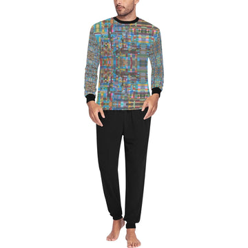 Men's I Checked You all over print long sleeve pajama set with colorful geometric top and black elastic waistband pants