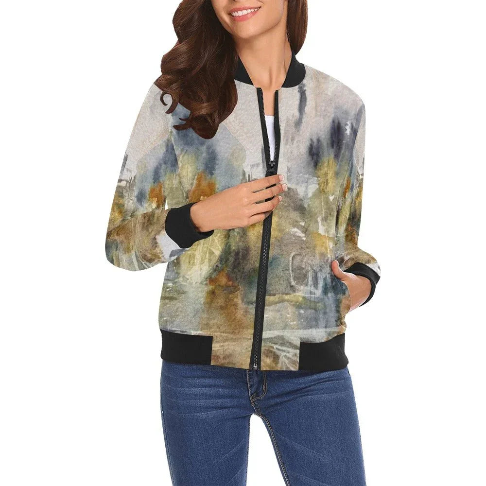 Abstract in Warm Hues All Over Print Bomber Jacket for Women - Lana Art Sweden