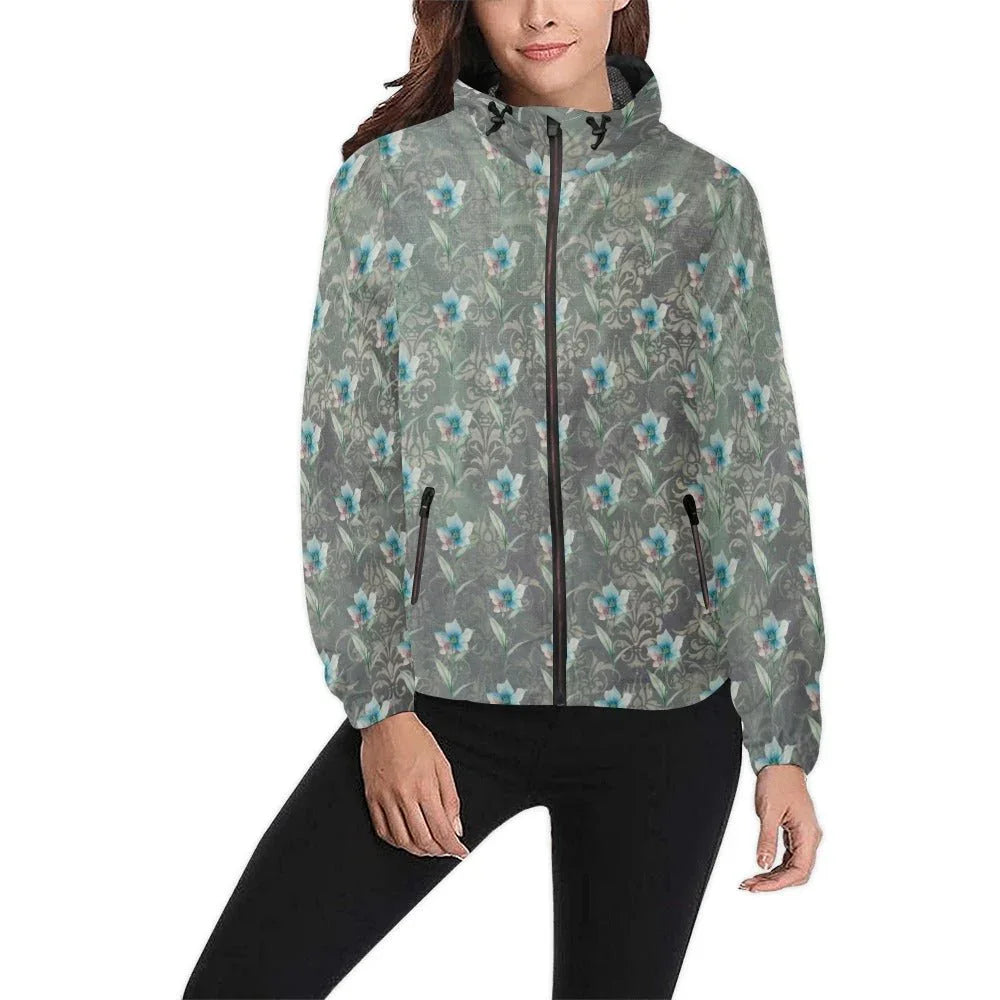 Blue Flower Damaskus Green Unisex All Over Print Windbreaker (Model H23) - Lana Art Sweden