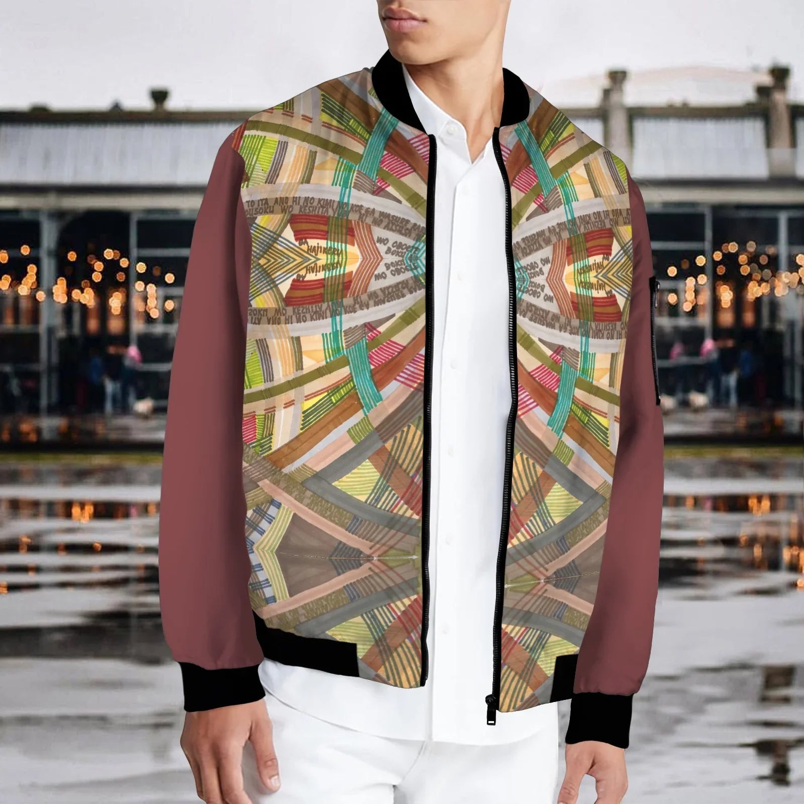 Brown Labyrinth Burgundy Bomber Jacket
