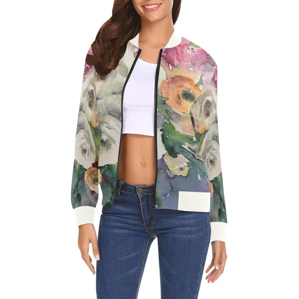 Woman wearing all over print bomber jacket with watercolor floral design and white ribbed collar and cuffs