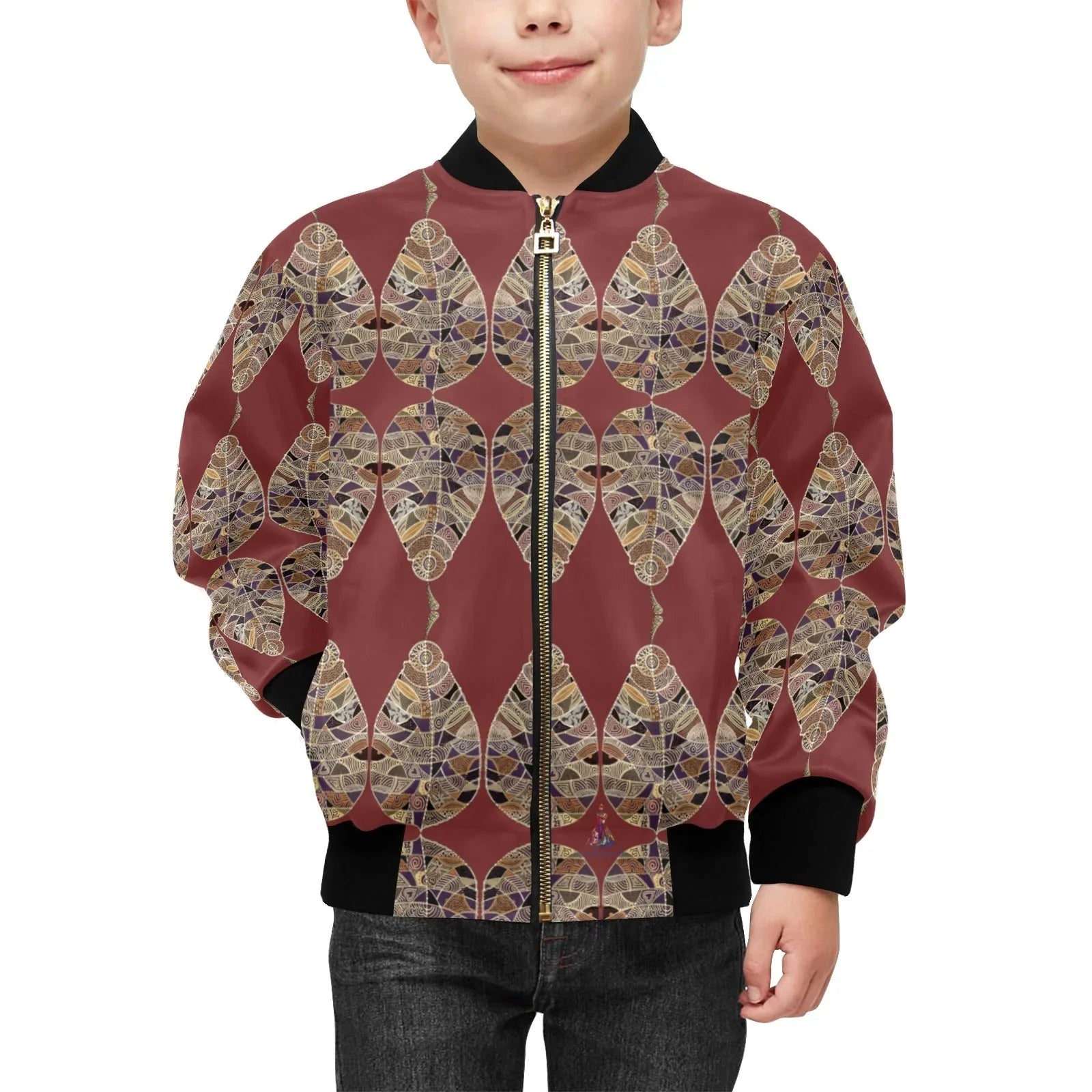 Fantasy Brown Leaf Burgundy Kids' Bomber Jacket with Pockets (Model H40) - Lana Art Sweden