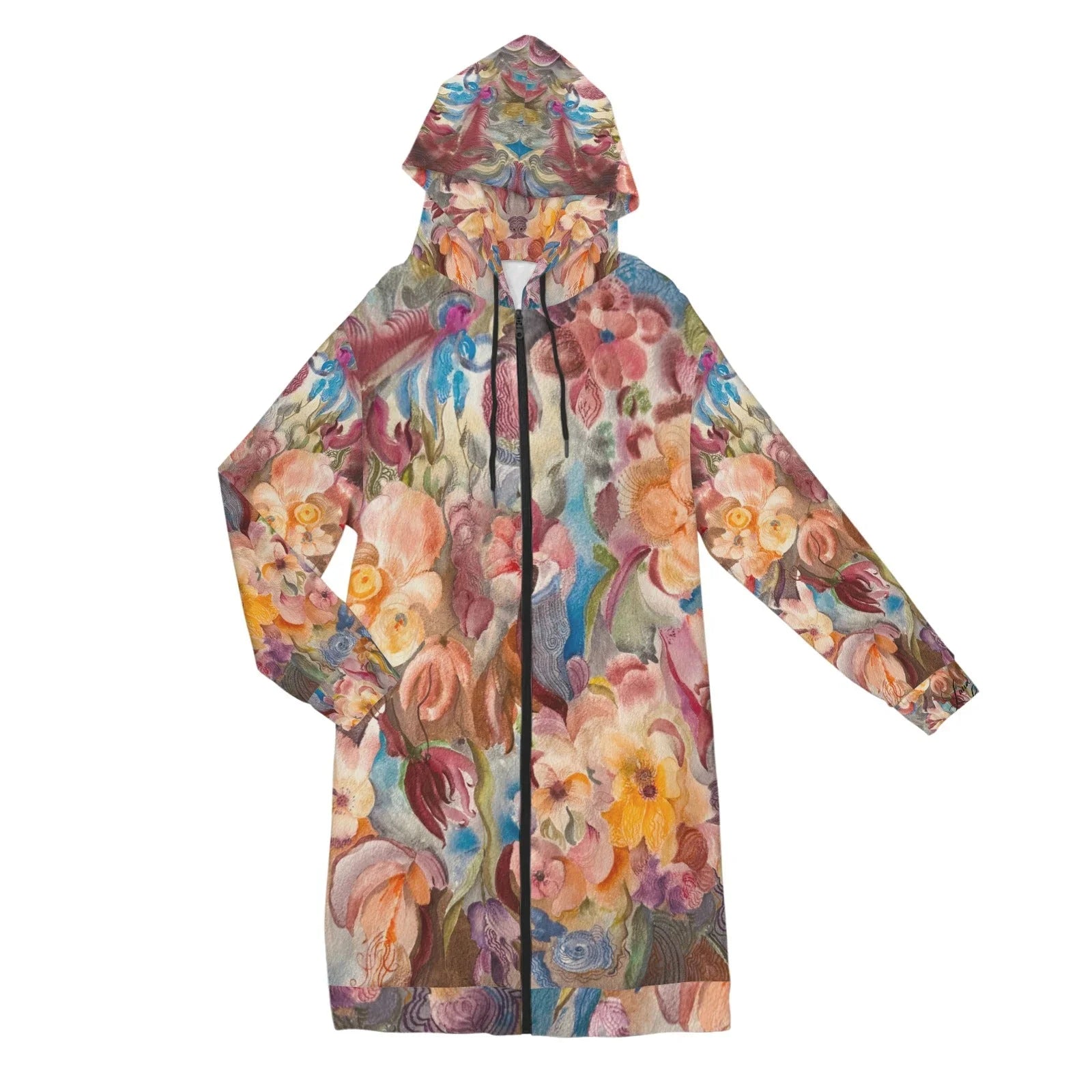 Floral Firelight Women's Long Hooded Jacket - Lana Art Sweden