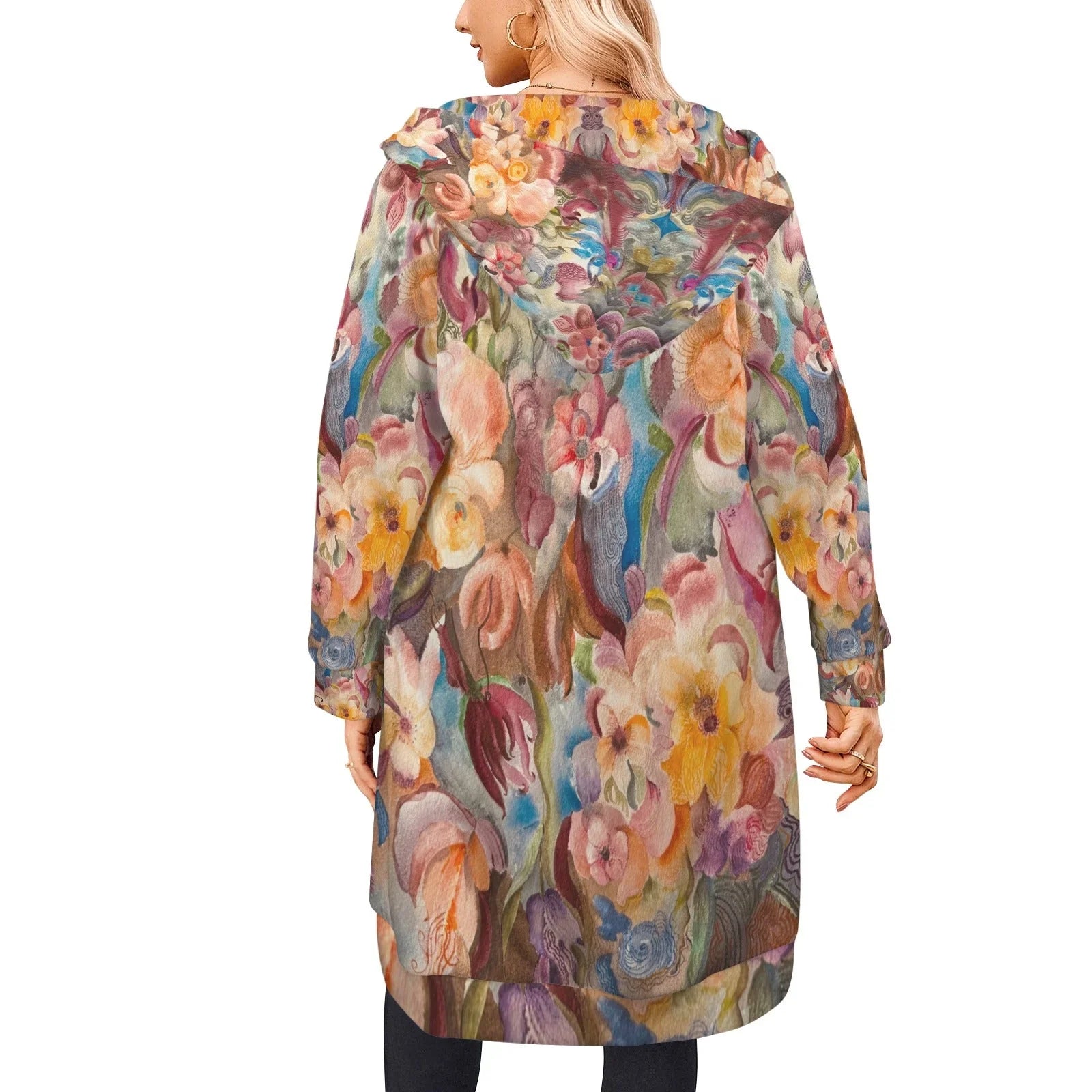Floral Firelight Women's Long Hooded Jacket - Lana Art Sweden
