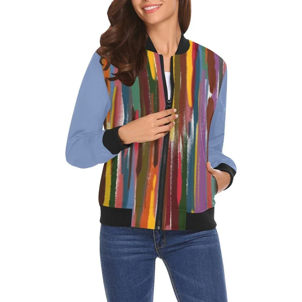 Ladies Power Stripes Lagoon All Over Print Bomber Jacket for Women - Lana Art Sweden