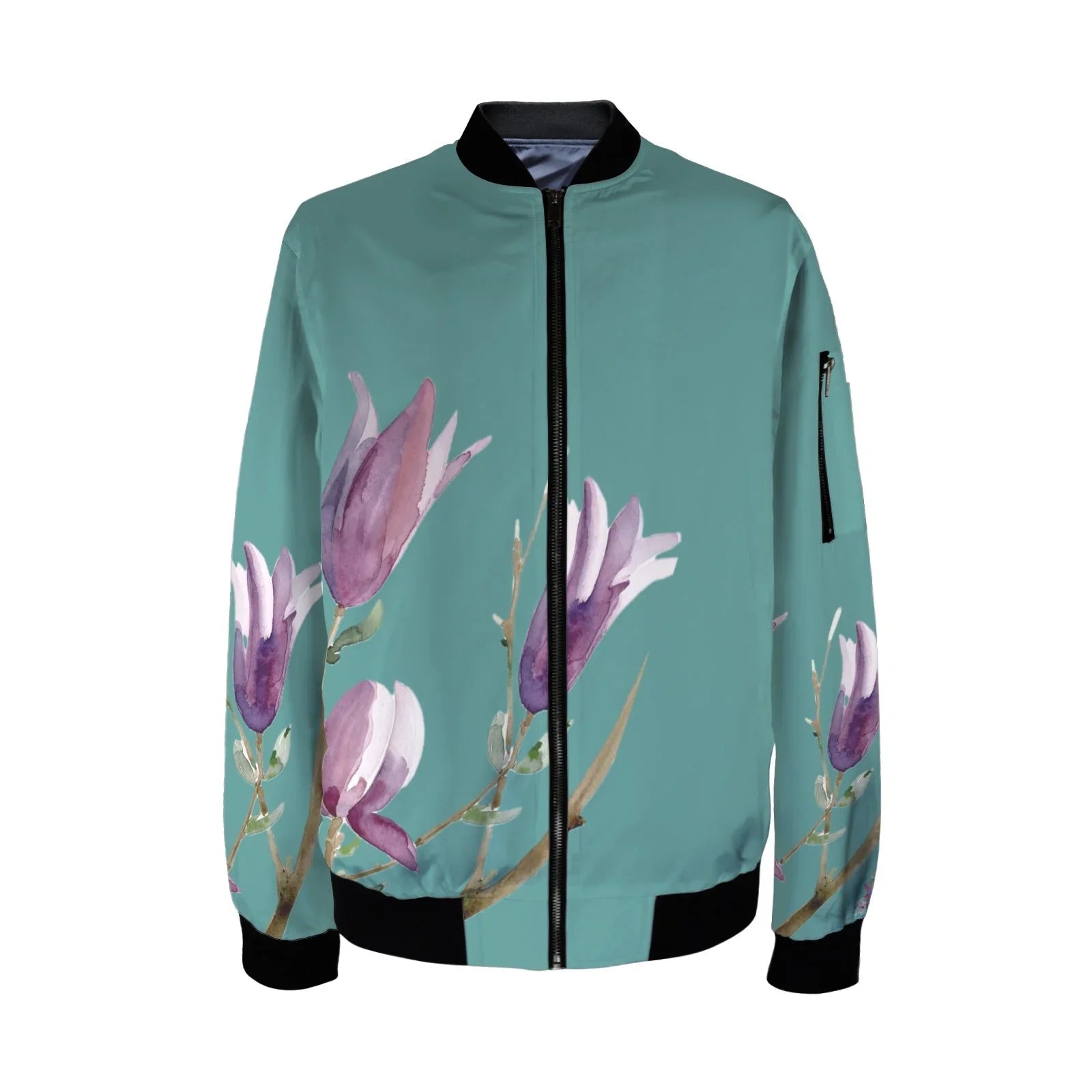 Magnolia Retro Blue Tall Ladies Bomber Jacket - Lana Art Sweden