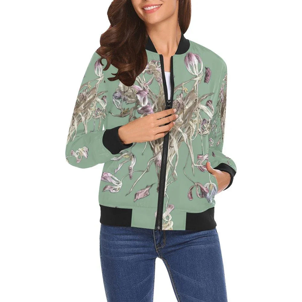 Tulip Drama Lime Cream Subdued Bomber Jacket for Women - Lana Art Sweden