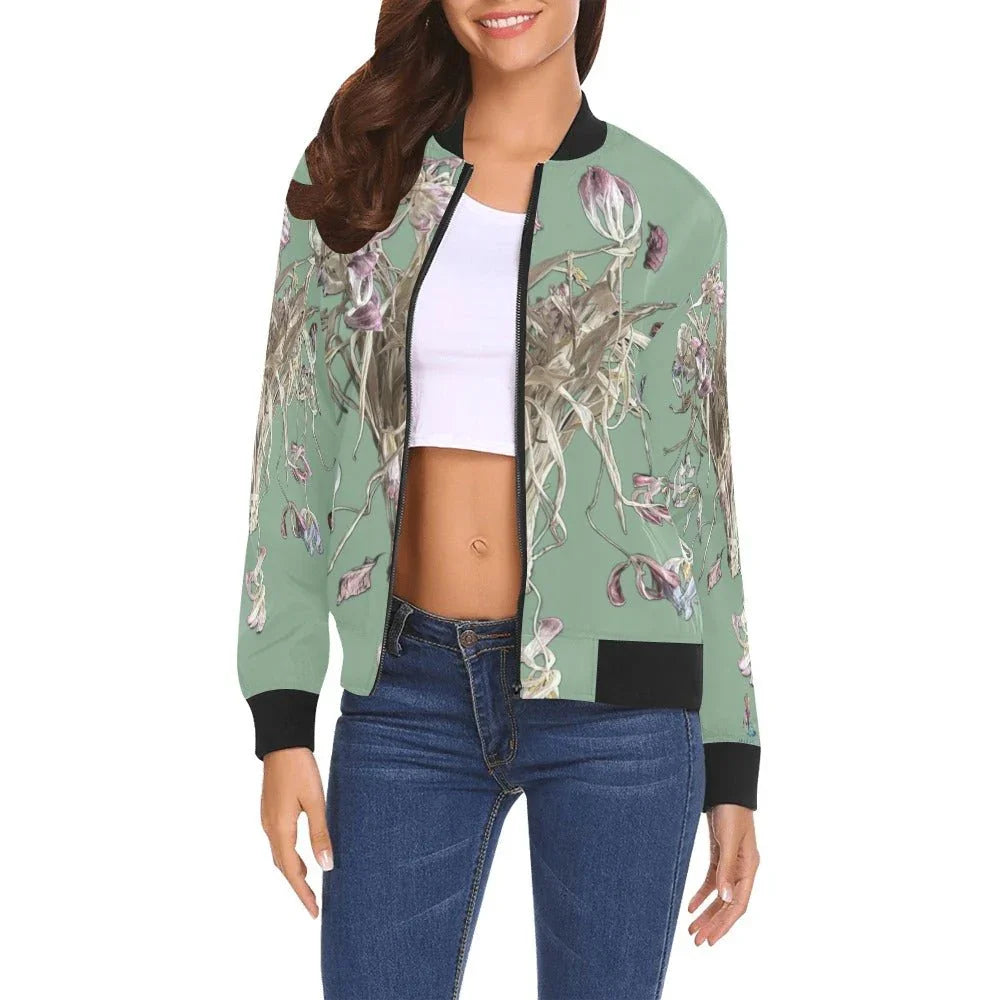 Tulip Drama Lime Cream Subdued Bomber Jacket for Women - Lana Art Sweden