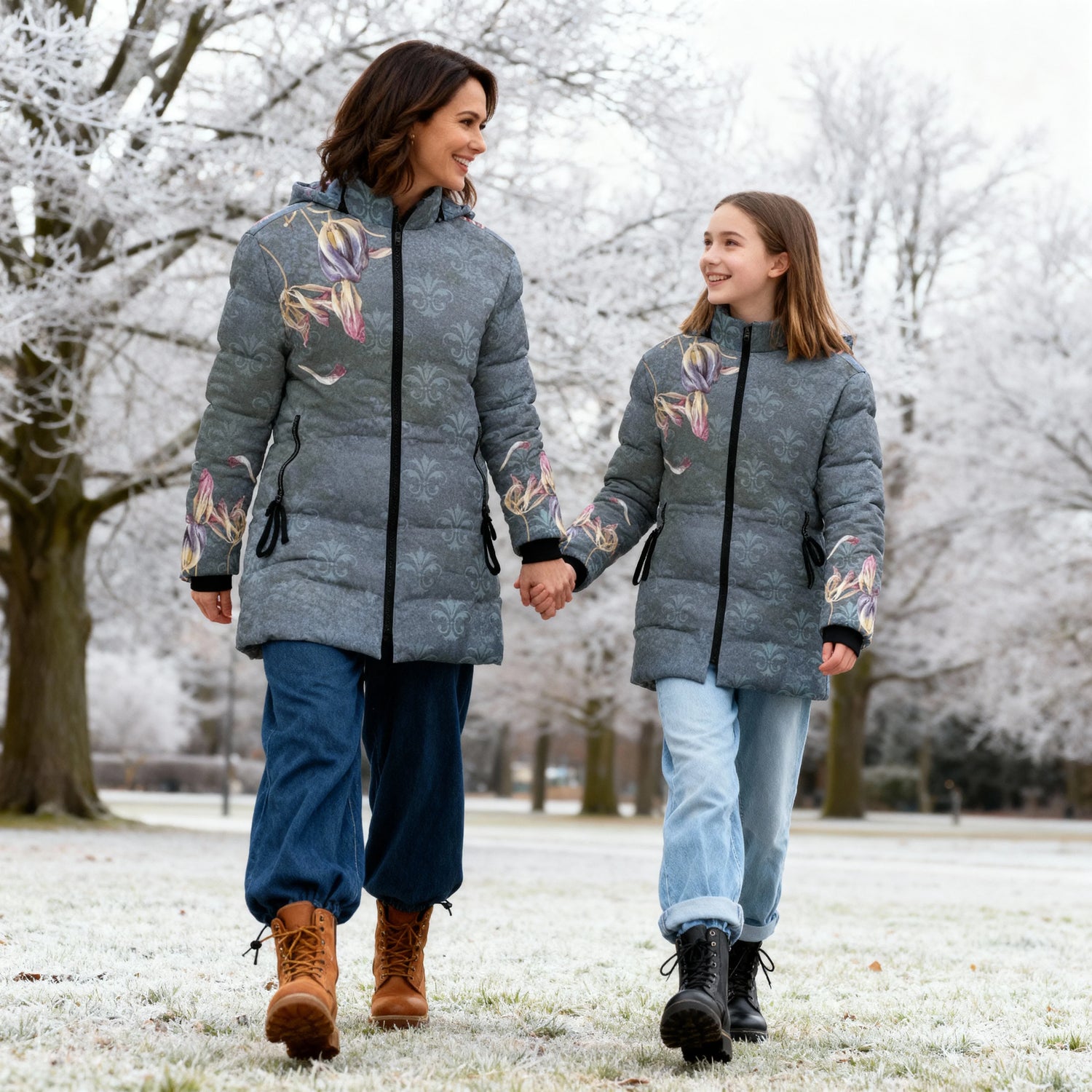 Mother and daughter are wearing warm puffer jackets with hood by LanaArtSweden.
