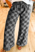 Black and gray checkered wide leg jeans with pockets and a high waist, made of polyester and cotton blend