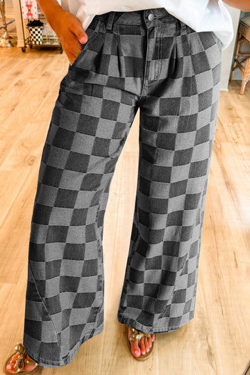 Black and gray checkered wide leg jeans with pockets and a high waist, made of polyester and cotton blend