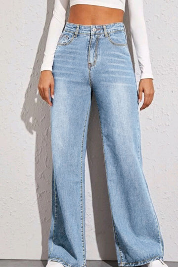 Woman wearing light blue high waist wide leg jeans with basic style and no stretch
