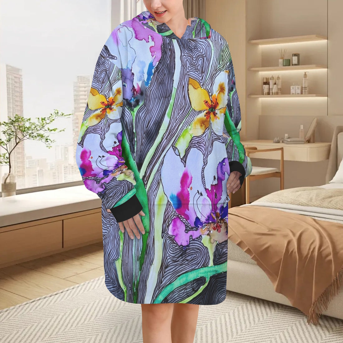 Lined Tulips Blanket Hoodie for Women