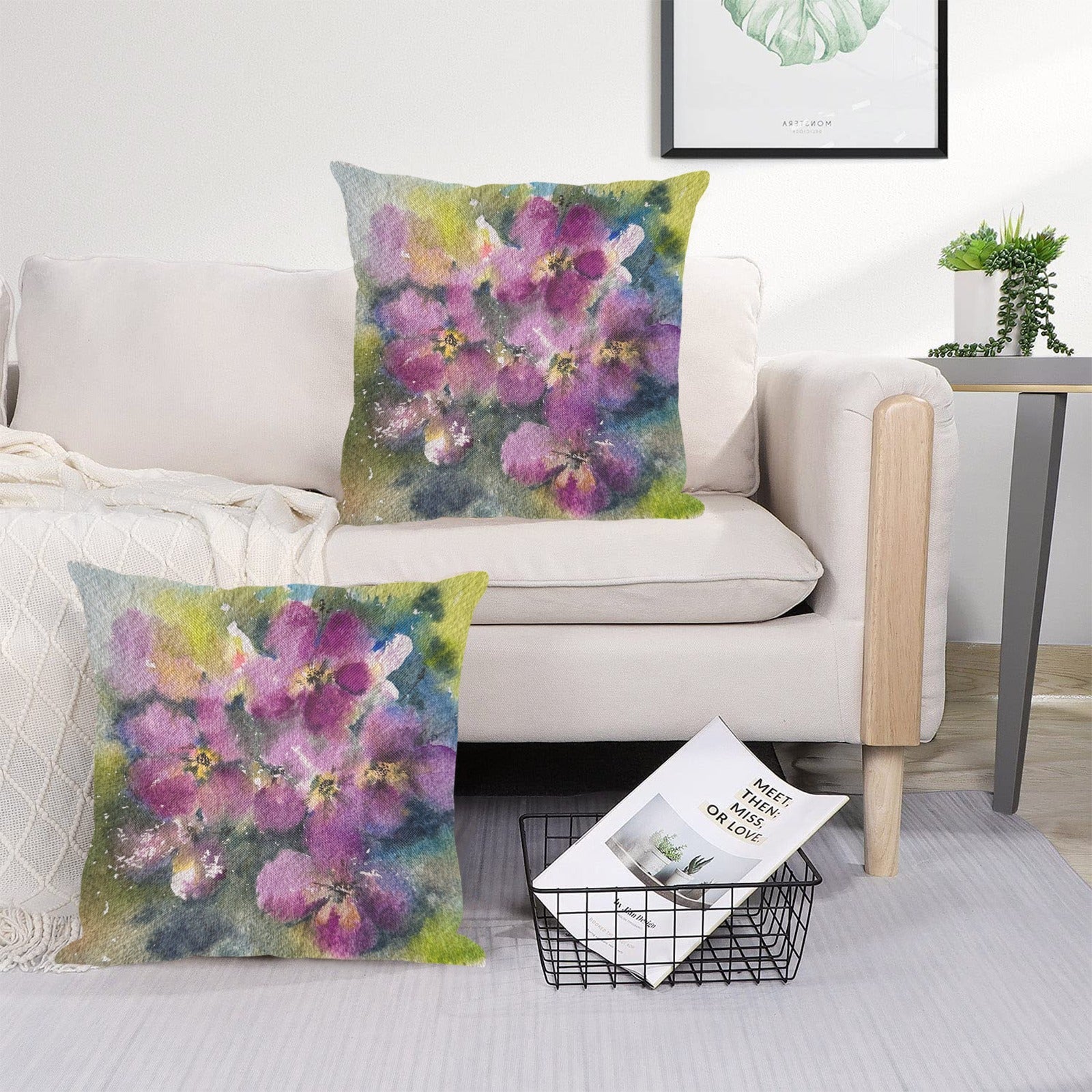 Purple Lawn and Blue Hibiscus Linen Zippered Pillowcase 18"x18", Pack of 2