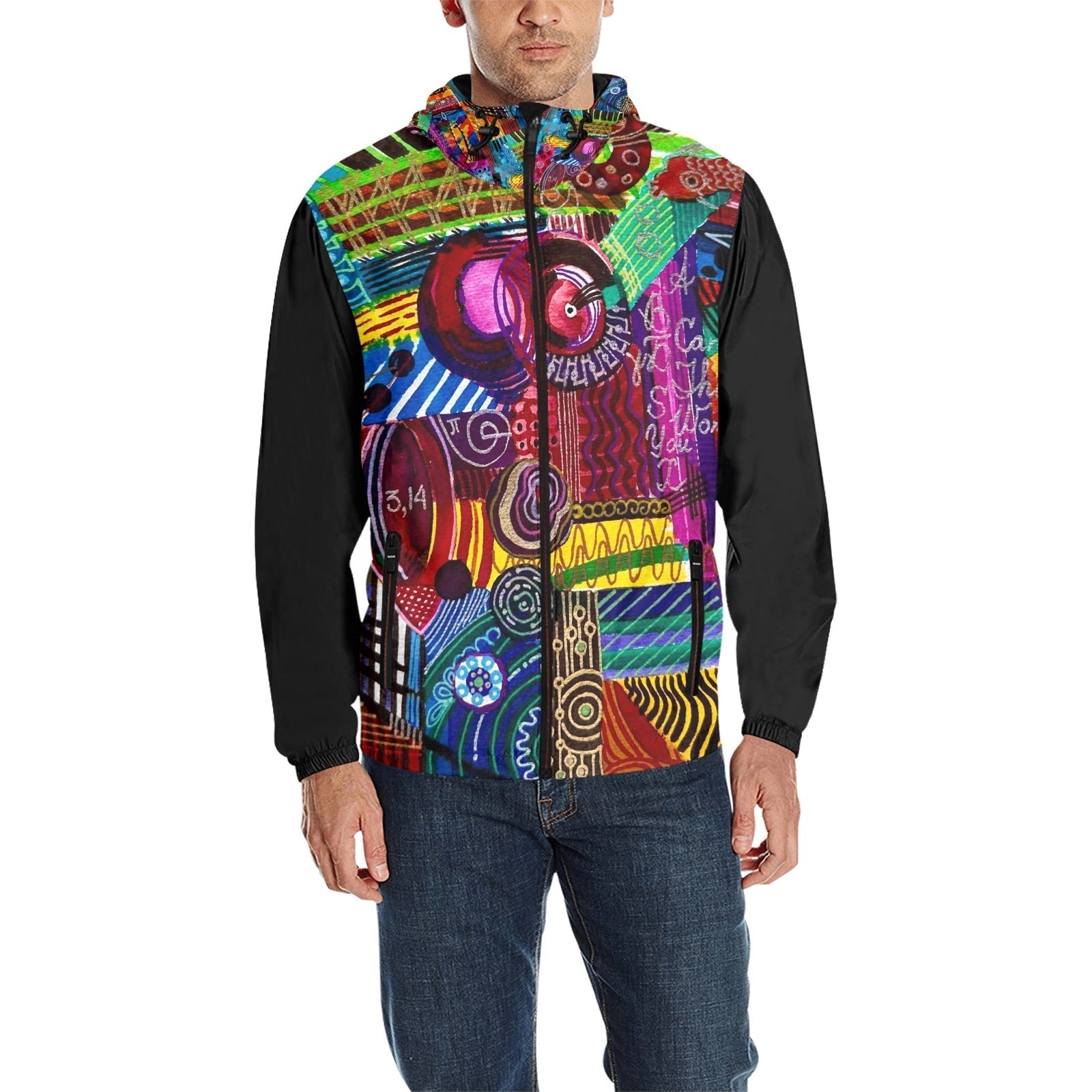 Unisex Sigma Windbreaker Quilted jacket with colorful abstract design, adjustable hood, elastic cuffs, and zipper closure.