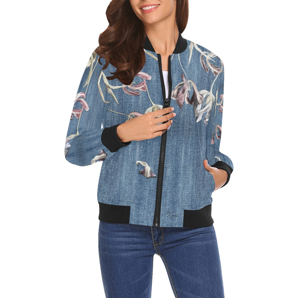 Denim Tulips Bomber Jacket for Women