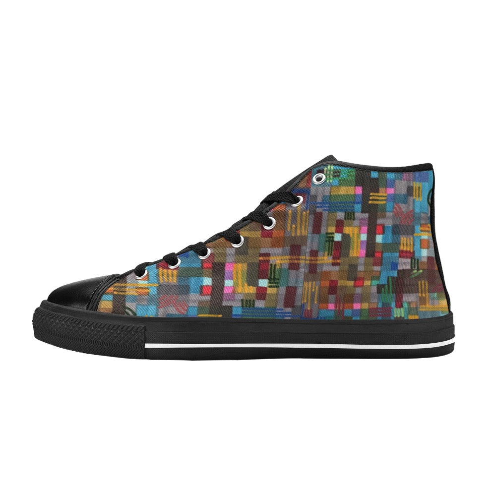 Colorful checkered high top canvas kids sneaker with black sole and laces, durable and stylish Fall Checkers Black High Top Canvas Shoes.