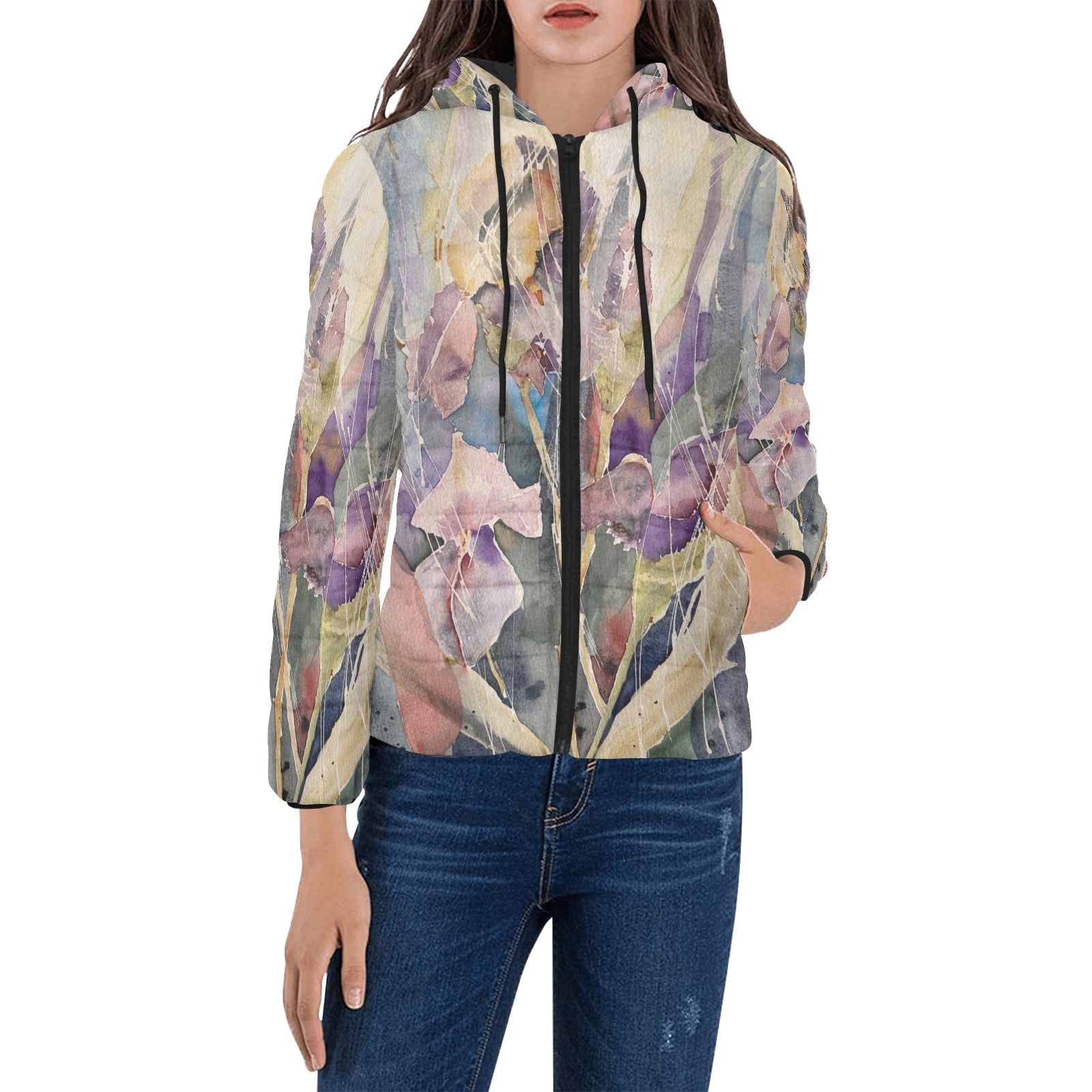Iris Women's Padded Hooded Puffer Jacket with colorful abstract floral design, quilted lining, zipper closure, and hood for winter warmth and style