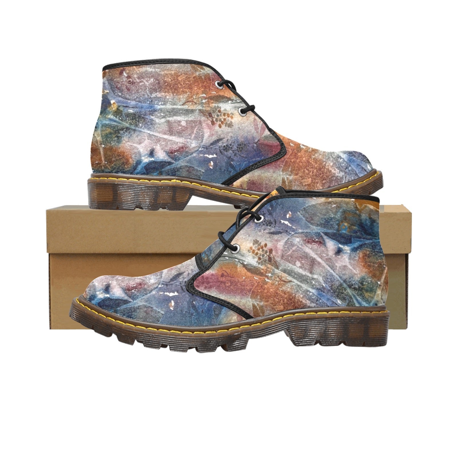 Fall Leaves Black Men's Canvas mid-top chukka boots with fall-inspired design and translucent rubber sole