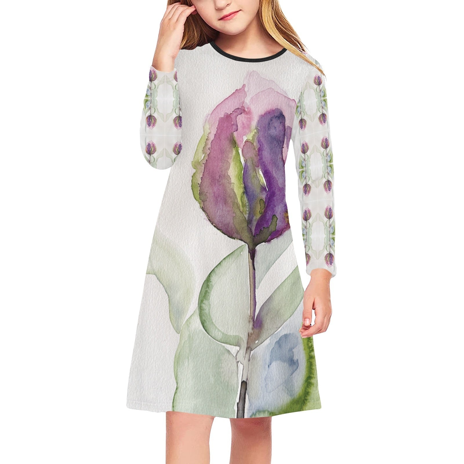 Girl wearing a Tulip Long Sleeve Dress with a watercolor tulip print and long sleeves