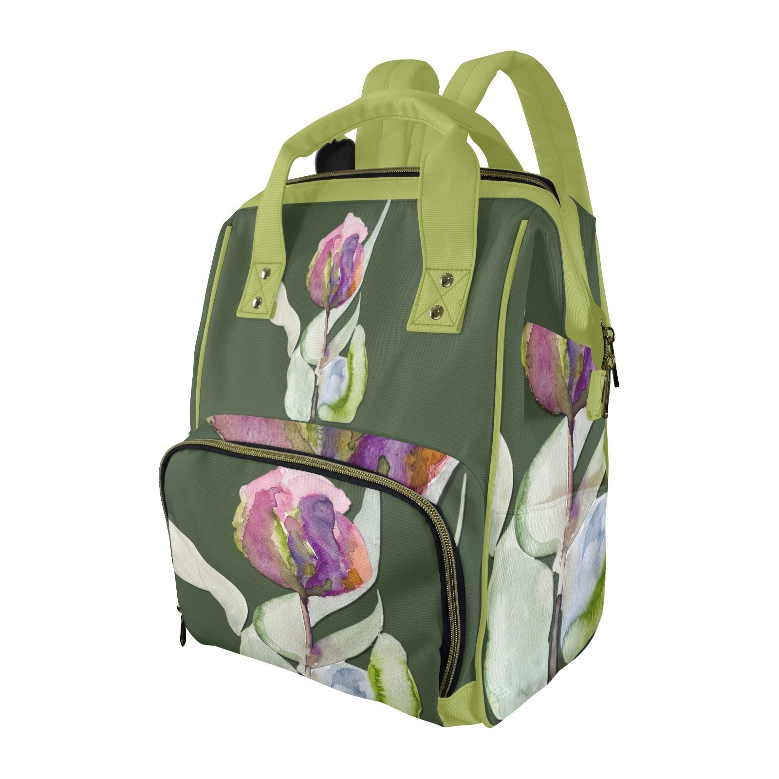 Green Tulip Multifunction Diaper Bag backpack with floral design and multiple compartments for parents