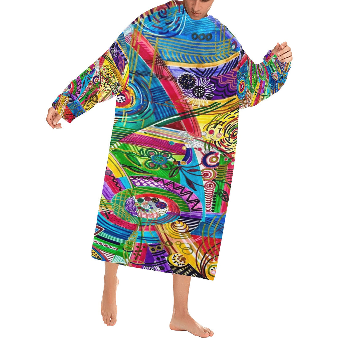 Away with Winter Blues Blanket Robe with Sleeves by LanaArtSweden, featuring vibrant original artwork, lightweight fleece, and a cozy design for year-round comfort.