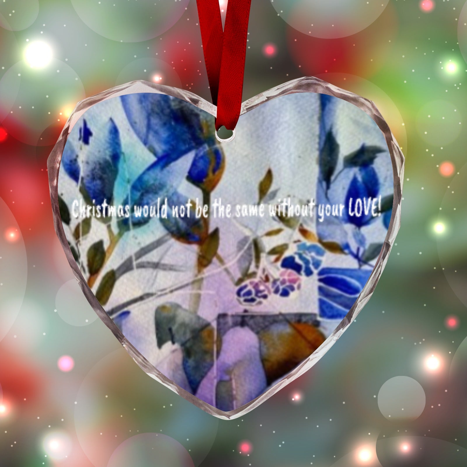 Heart-shaped crystal glass Christmas ornament by LanaArtSweden, featuring a blue festive design, customizable options, and rope for hanging.