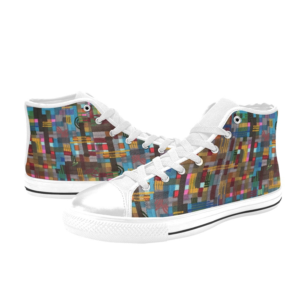 Fall Checkers White High Top Canvas Shoes for Kids featuring a checkered design, lace-up closure, and durable rubber outsole.