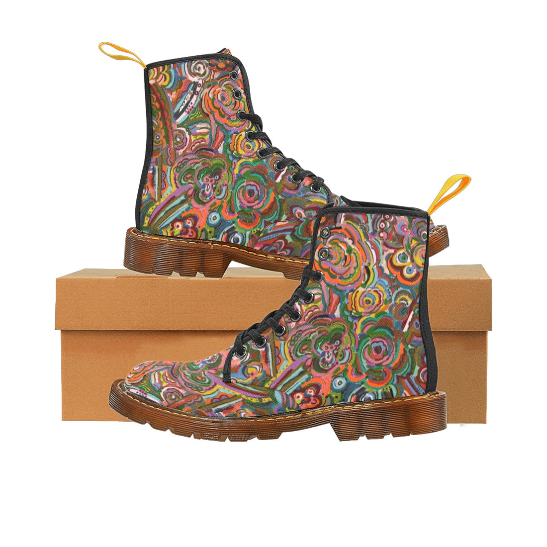 Pair of Fall Fiesta Custom Canvas Boots for women with colorful floral lace-up design and translucent rubber sole