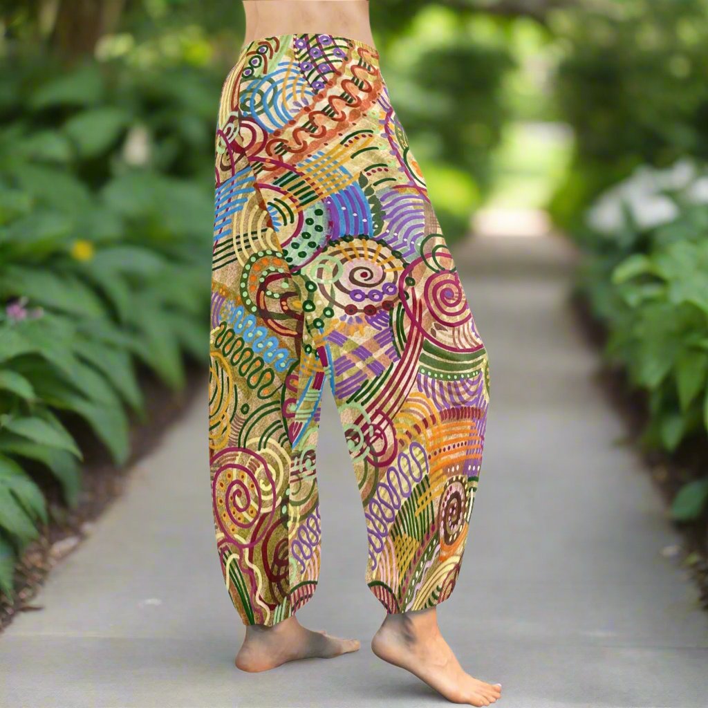 Autumn Rain Rings Women's Harem Style Pants, lightweight chiffon drawstring pants with a baggy design, adjustable waist, and customizable features on Artsadd.