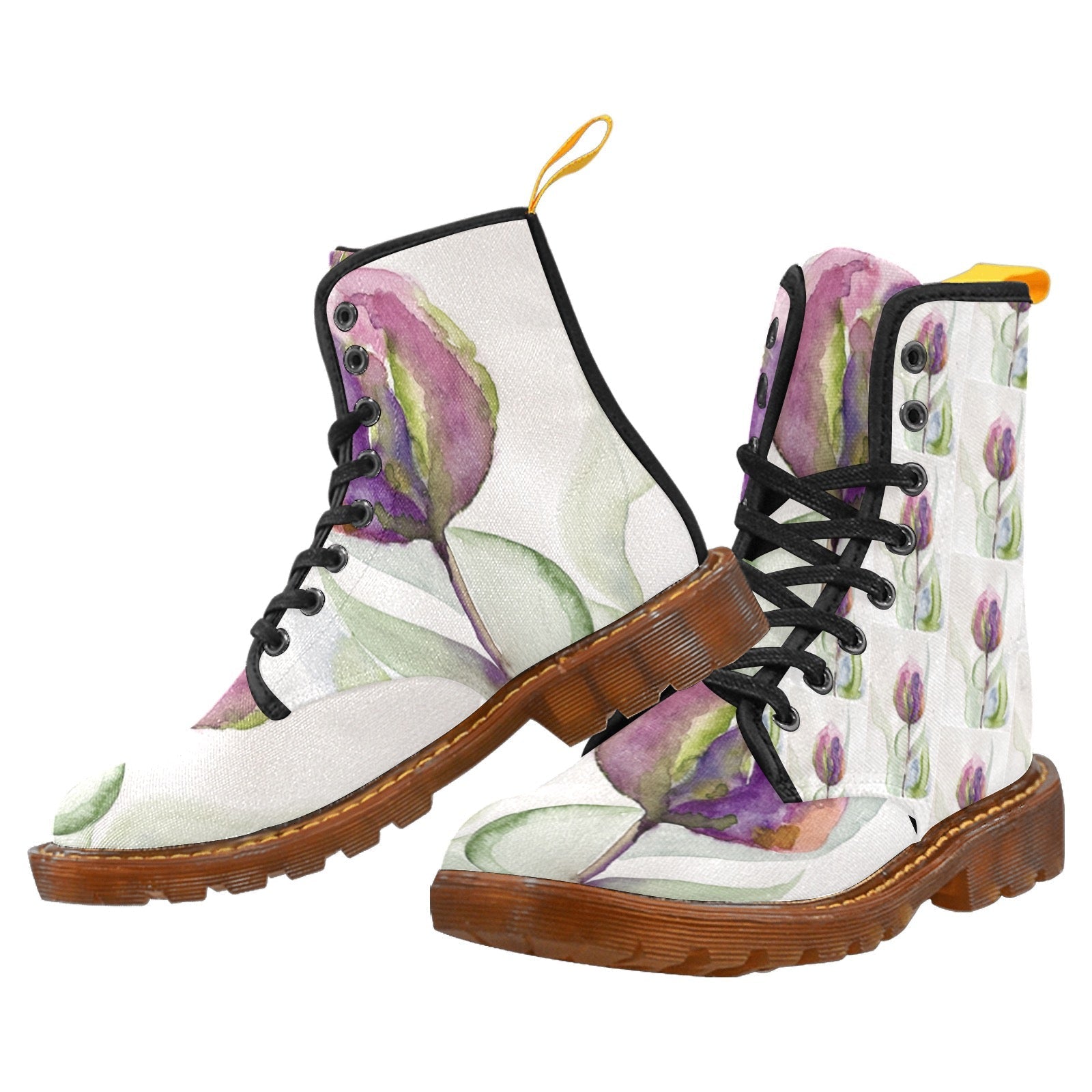 Women’s tulip pattern custom canvas lace-up combat boots with translucent rubber sole and contrast stitching