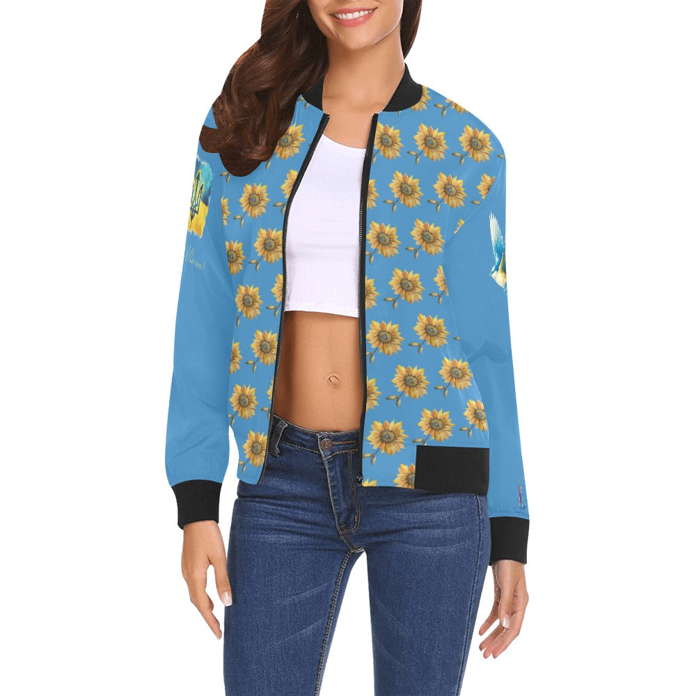 Women’s Glory to Ukraine bomber jacket with sunflower pattern and black ribbed collar, cuffs, and hem