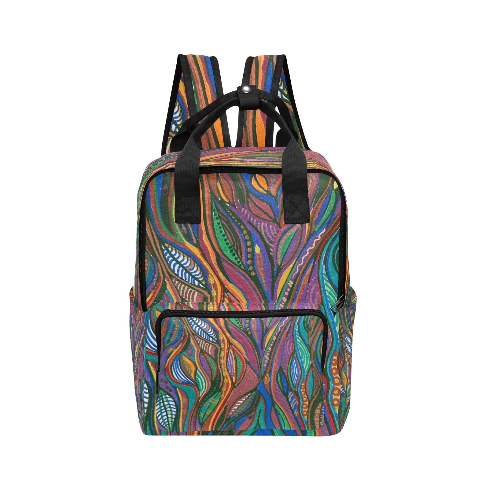 Colorful Lanterna Twin Handle Backpack with abstract leaf pattern, twin handles, padded shoulder straps, and multiple pockets for daily and travel use.
