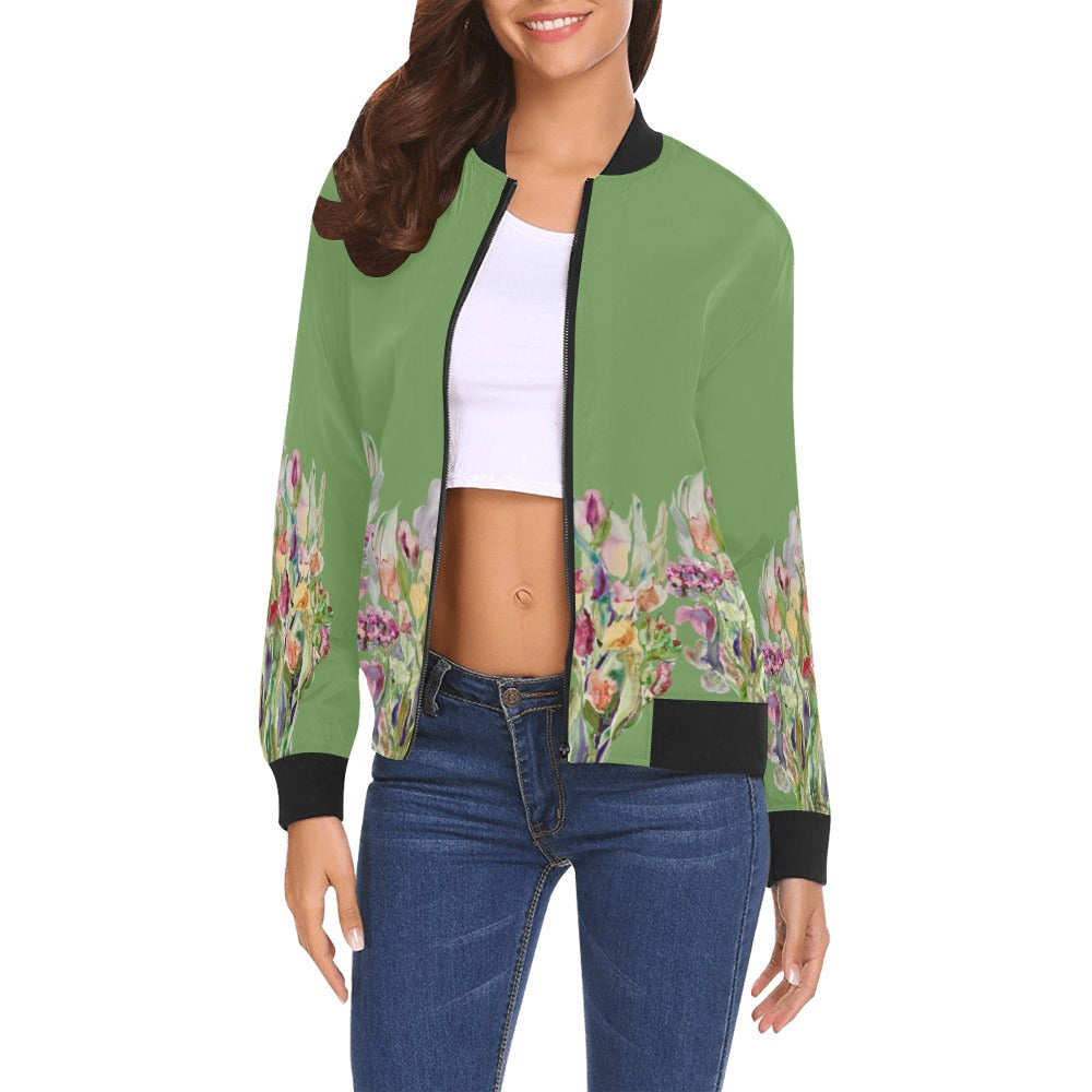 Women's Rusty Life Bomber Jacket with green base and floral artwork, ribbed black collar, cuffs, and hem.