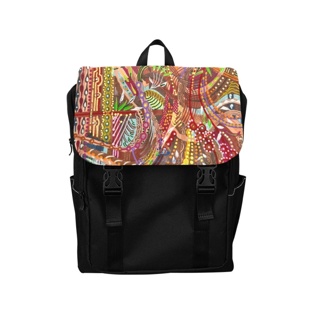 Brown Swirls Casual Backpack with colorful patterned flap and black body, adjustable straps, and multiple pockets for daily use.