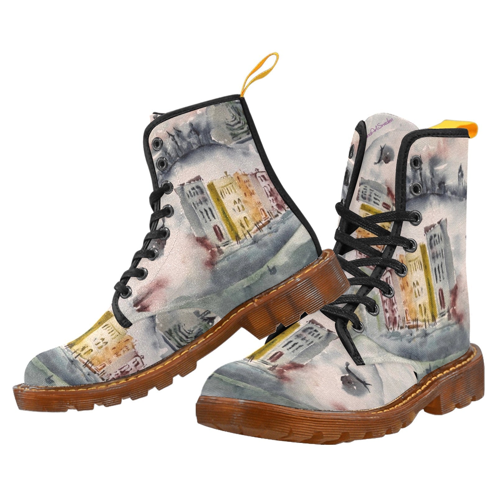 Women's Veniamin Venetian Fish custom canvas lace-up combat boots with floral design and translucent rubber sole