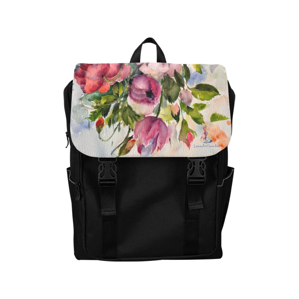Black casual backpack with large floral print flap and adjustable shoulder straps