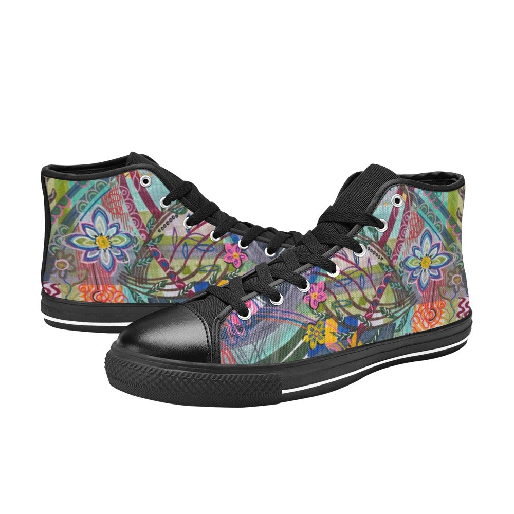Colorful Currents Tilly kids' high top canvas shoes with floral abstract design and black rubber sole