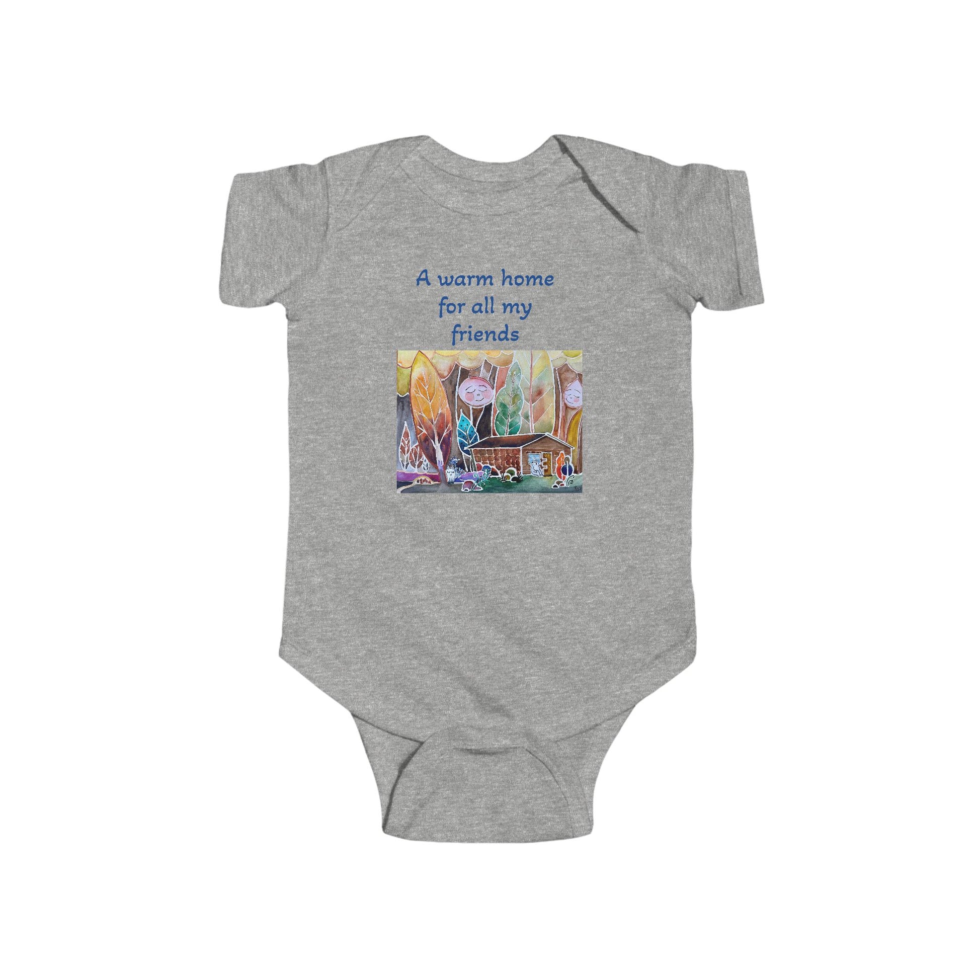 Organic Cotton Baby Onesie 'A Home for All My Friends' by LanaArtSweden, featuring a cozy design, soft fabric, and durable construction for infants.